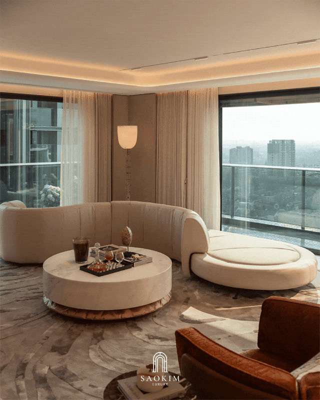 Không gian phòng khách ấn tượng tại thiết kế penthouse phong cách Contemporary Art Deco